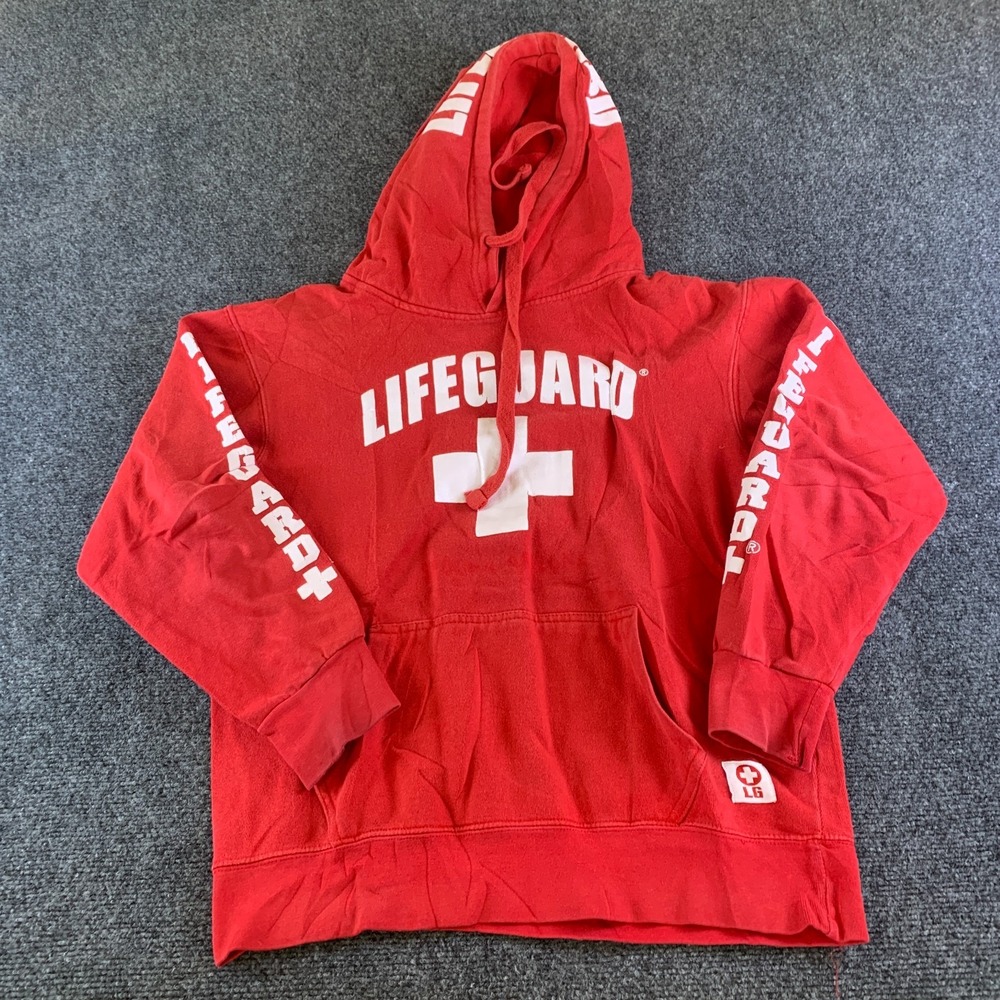 LIFEGUARD Hoodie Mens Small Red Cotton Graphic Print Fleece Lined Drawstring